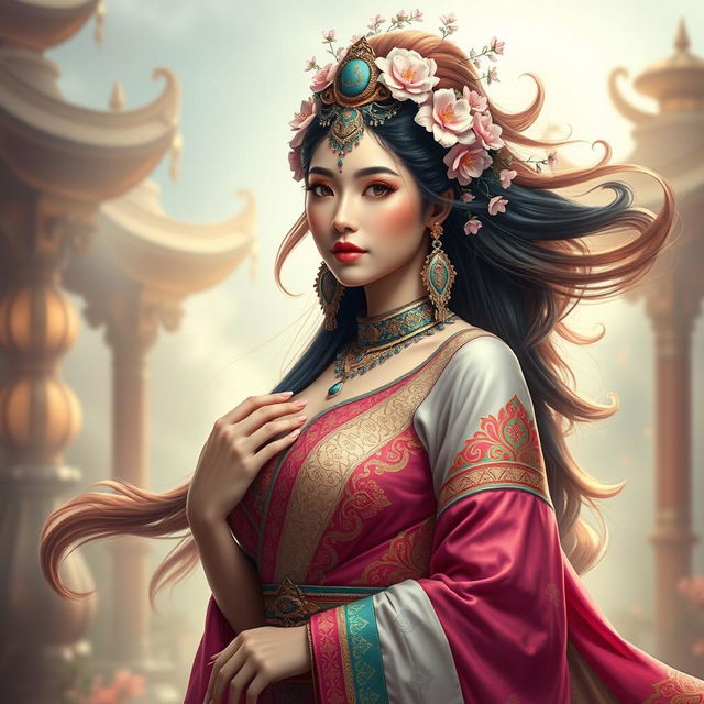 An exquisite Central Asian woman embodying the essence of an Apsara (Pontianak), characterized by her breathtaking beauty and large breasts