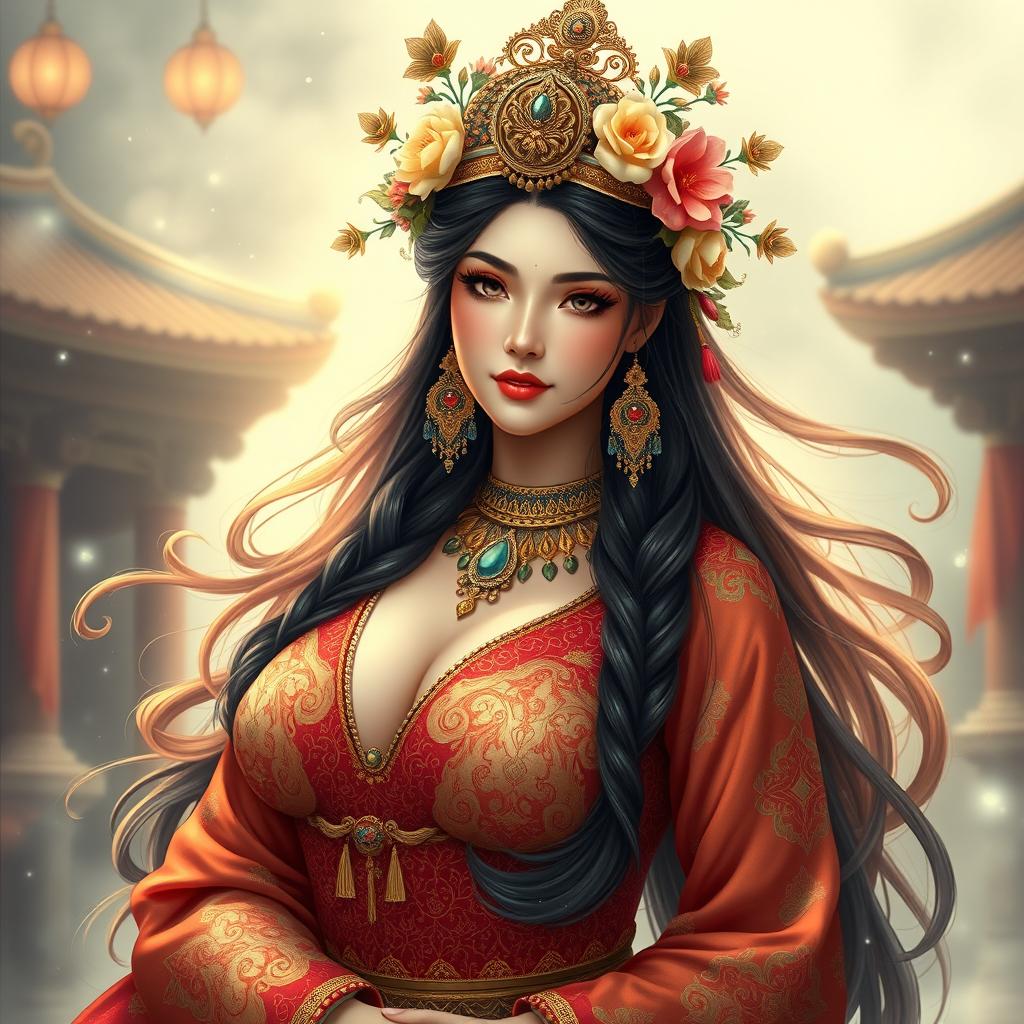 An exquisite Central Asian woman embodying the essence of an Apsara (Pontianak), characterized by her breathtaking beauty and large breasts