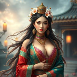 An exquisite Central Asian woman embodying the essence of an Apsara (Pontianak), characterized by her breathtaking beauty and large breasts