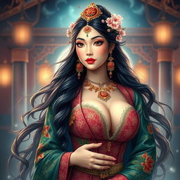 An exquisite Central Asian woman embodying the essence of an Apsara (Pontianak), characterized by her breathtaking beauty and large breasts