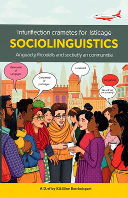 A striking book cover for a sociology textbook focusing on sociolinguistics, featuring an illustration of a diverse group of people from various cultural backgrounds engaging in conversation in a vibrant urban setting