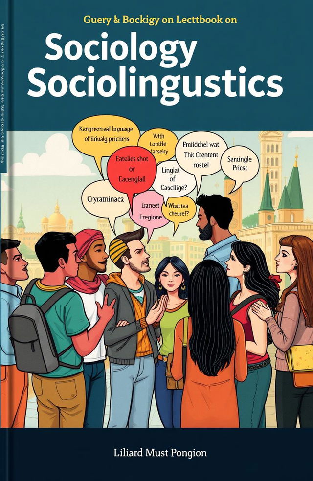 A striking book cover for a sociology textbook focusing on sociolinguistics, featuring an illustration of a diverse group of people from various cultural backgrounds engaging in conversation in a vibrant urban setting