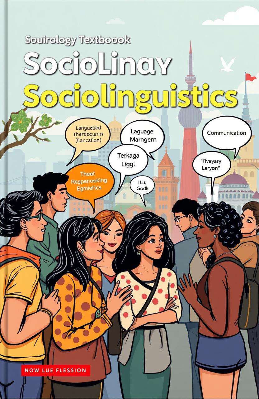 A striking book cover for a sociology textbook focusing on sociolinguistics, featuring an illustration of a diverse group of people from various cultural backgrounds engaging in conversation in a vibrant urban setting