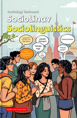 A striking book cover for a sociology textbook focusing on sociolinguistics, featuring an illustration of a diverse group of people from various cultural backgrounds engaging in conversation in a vibrant urban setting