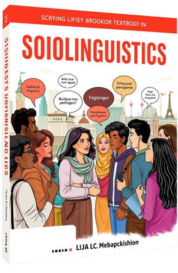 A striking book cover for a sociology textbook focusing on sociolinguistics, featuring an illustration of a diverse group of people from various cultural backgrounds engaging in conversation in a vibrant urban setting