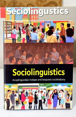 A captivating book cover for a sociolinguistics textbook, featuring a vibrant scene of diverse people interacting in various social settings, using different languages and forms of communication