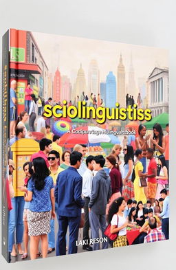 A captivating book cover for a sociolinguistics textbook, featuring a vibrant scene of diverse people interacting in various social settings, using different languages and forms of communication