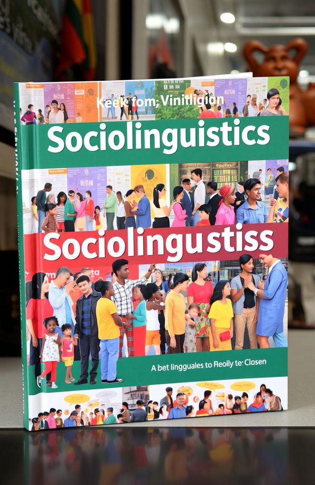 A captivating book cover for a sociolinguistics textbook, featuring a vibrant scene of diverse people interacting in various social settings, using different languages and forms of communication