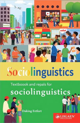 A captivating book cover for a sociolinguistics textbook, featuring a vibrant scene of diverse people interacting in various social settings, using different languages and forms of communication