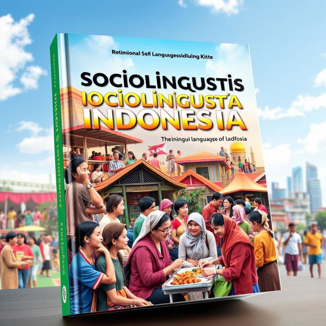 A stunning book cover for a sociolinguistics textbook, showcasing a vibrant representation of Indonesian society, highlighting the rich linguistic diversity within the country