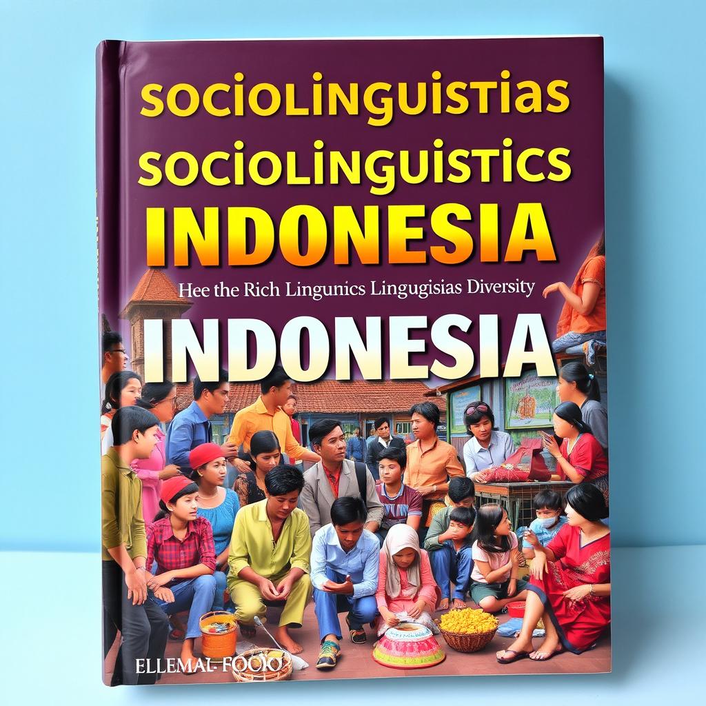 A stunning book cover for a sociolinguistics textbook, showcasing a vibrant representation of Indonesian society, highlighting the rich linguistic diversity within the country