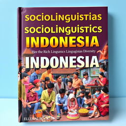 A stunning book cover for a sociolinguistics textbook, showcasing a vibrant representation of Indonesian society, highlighting the rich linguistic diversity within the country