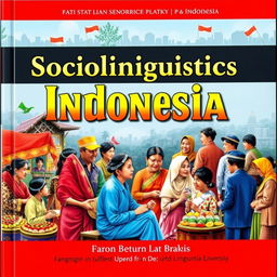 A stunning book cover for a sociolinguistics textbook, showcasing a vibrant representation of Indonesian society, highlighting the rich linguistic diversity within the country