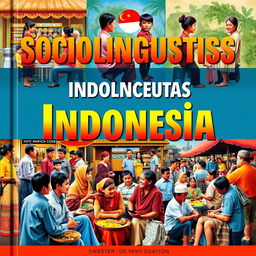 A stunning book cover for a sociolinguistics textbook, showcasing a vibrant representation of Indonesian society, highlighting the rich linguistic diversity within the country
