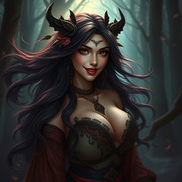A captivating Central Asian woman with large breasts, embodying the essence of an 'Ent Jahat,' with an alluring yet mischievous aura