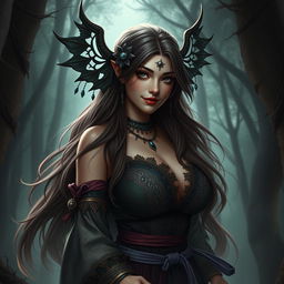 A captivating Central Asian woman with large breasts, embodying the essence of an 'Ent Jahat,' with an alluring yet mischievous aura