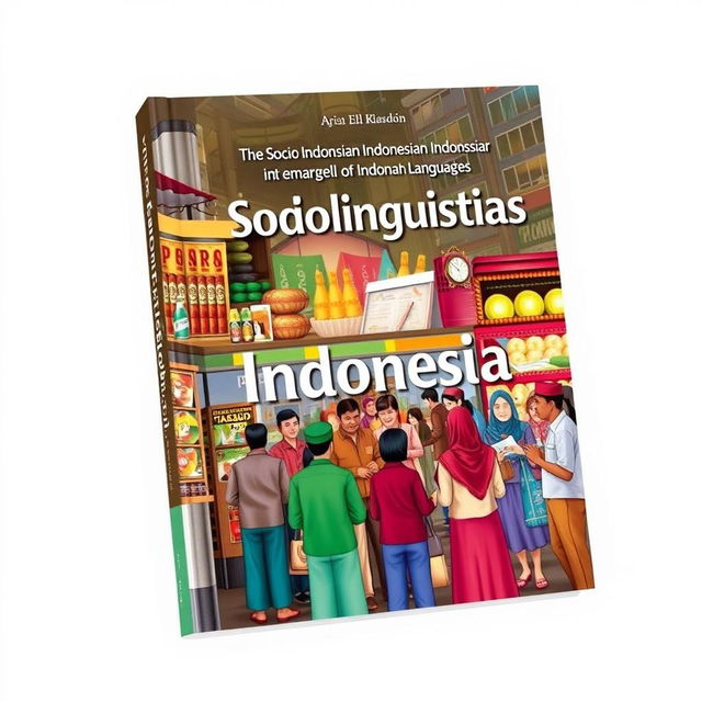 A striking book cover for a sociolinguistics textbook that beautifully captures the essence of Indonesian society's linguistic diversity