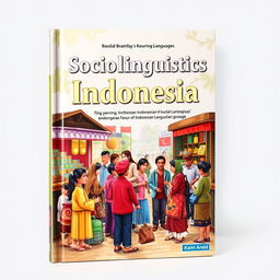 A striking book cover for a sociolinguistics textbook that beautifully captures the essence of Indonesian society's linguistic diversity