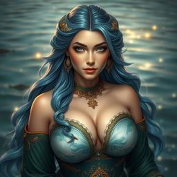 A beautiful Central Asian woman inspired by Kadita, the Water Goddess, showcasing large breasts and an ethereal presence