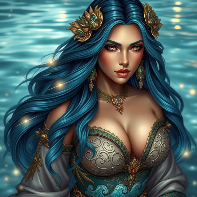 A beautiful Central Asian woman inspired by Kadita, the Water Goddess, showcasing large breasts and an ethereal presence