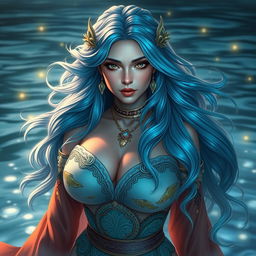 A beautiful Central Asian woman inspired by Kadita, the Water Goddess, showcasing large breasts and an ethereal presence