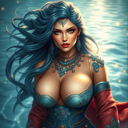 A beautiful Central Asian woman inspired by Kadita, the Water Goddess, showcasing large breasts and an ethereal presence