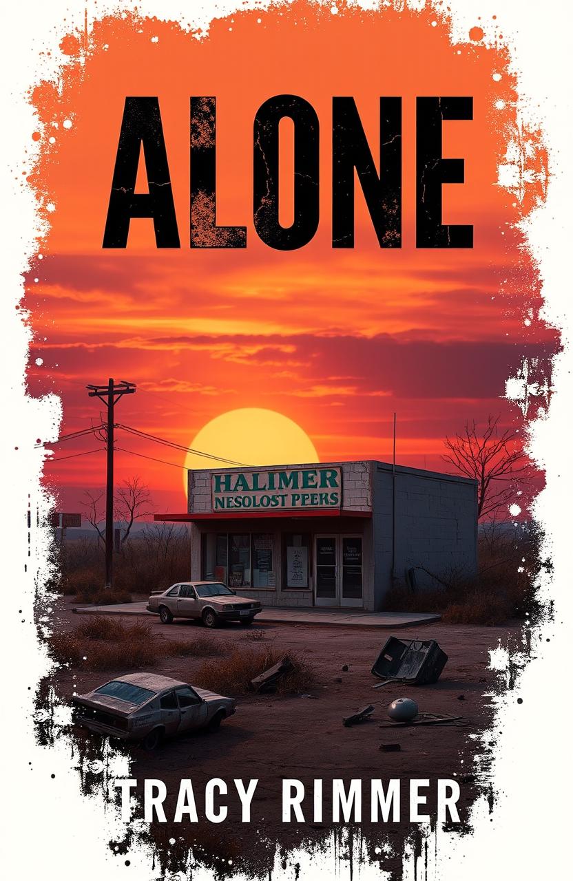 A book cover design for a novel titled 'Alone' by Tracy Rimmer, featuring a small retail building with an apartment above, set in a post-apocalyptic environment