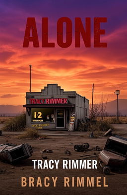 A book cover design for a novel titled 'Alone' by Tracy Rimmer, featuring a small retail building with an apartment above, set in a post-apocalyptic environment