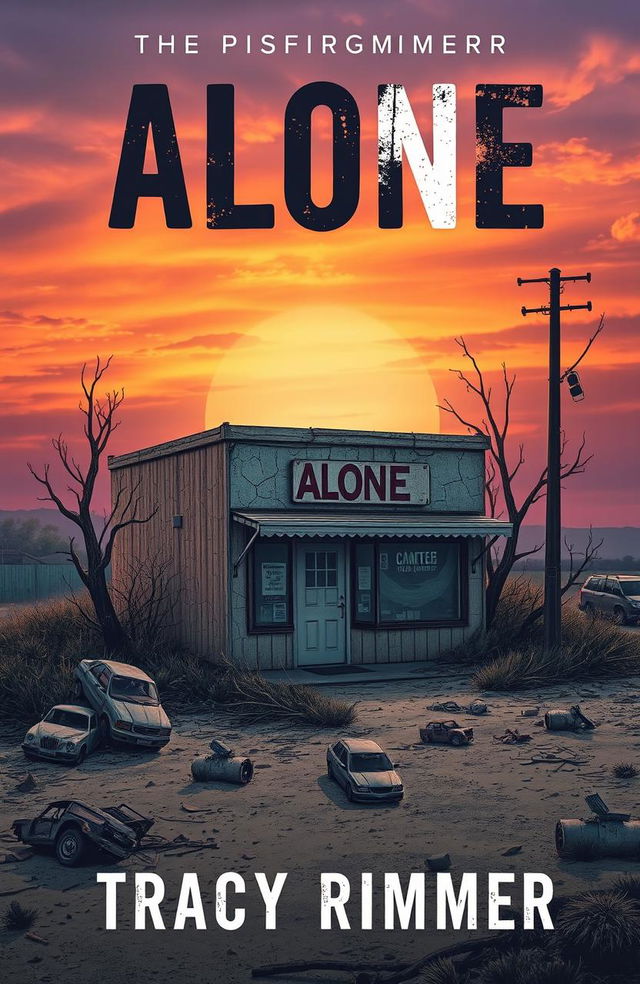 A book cover design for a novel titled 'Alone' by Tracy Rimmer, featuring a small retail building with an apartment above, set in a post-apocalyptic environment