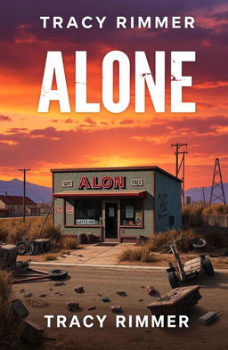 A book cover design for a novel titled 'Alone' by Tracy Rimmer, featuring a small retail building with an apartment above, set in a post-apocalyptic environment