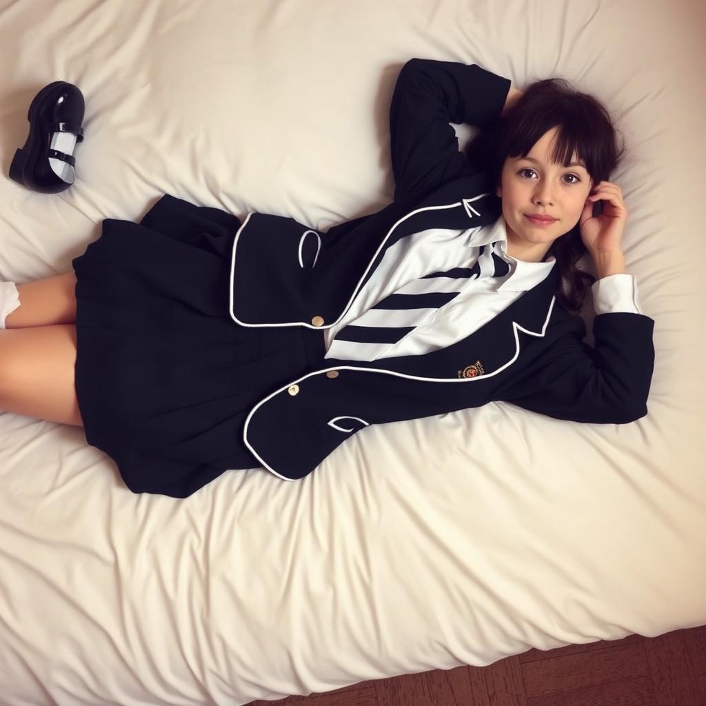 A girl in a school uniform lying on her back on a bed, wearing black patent leather shoes with straps and white knee socks