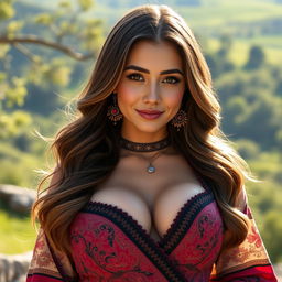 A stunningly beautiful Central Asian woman named Natalia, showcasing large breasts and an elegant demeanor