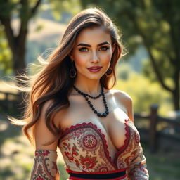 A stunningly beautiful Central Asian woman named Natalia, showcasing large breasts and an elegant demeanor