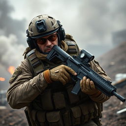 A rugged special forces soldier in full tactical gear, featuring a camouflage uniform, high-tech gadgets, and a tactical vest loaded with equipment