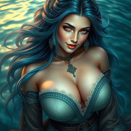 A captivating portrayal of a beautiful Central Asian woman inspired by Kadita, featuring large breasts and an alluring demeanor