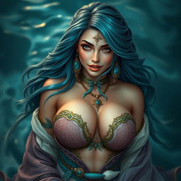 A captivating portrayal of a beautiful Central Asian woman inspired by Kadita, featuring large breasts and an alluring demeanor