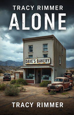A striking book cover for a novel titled 'Alone' by Tracy Rimmer, featuring a two-storey retail building named 'Dave's Bakery' prominently displayed