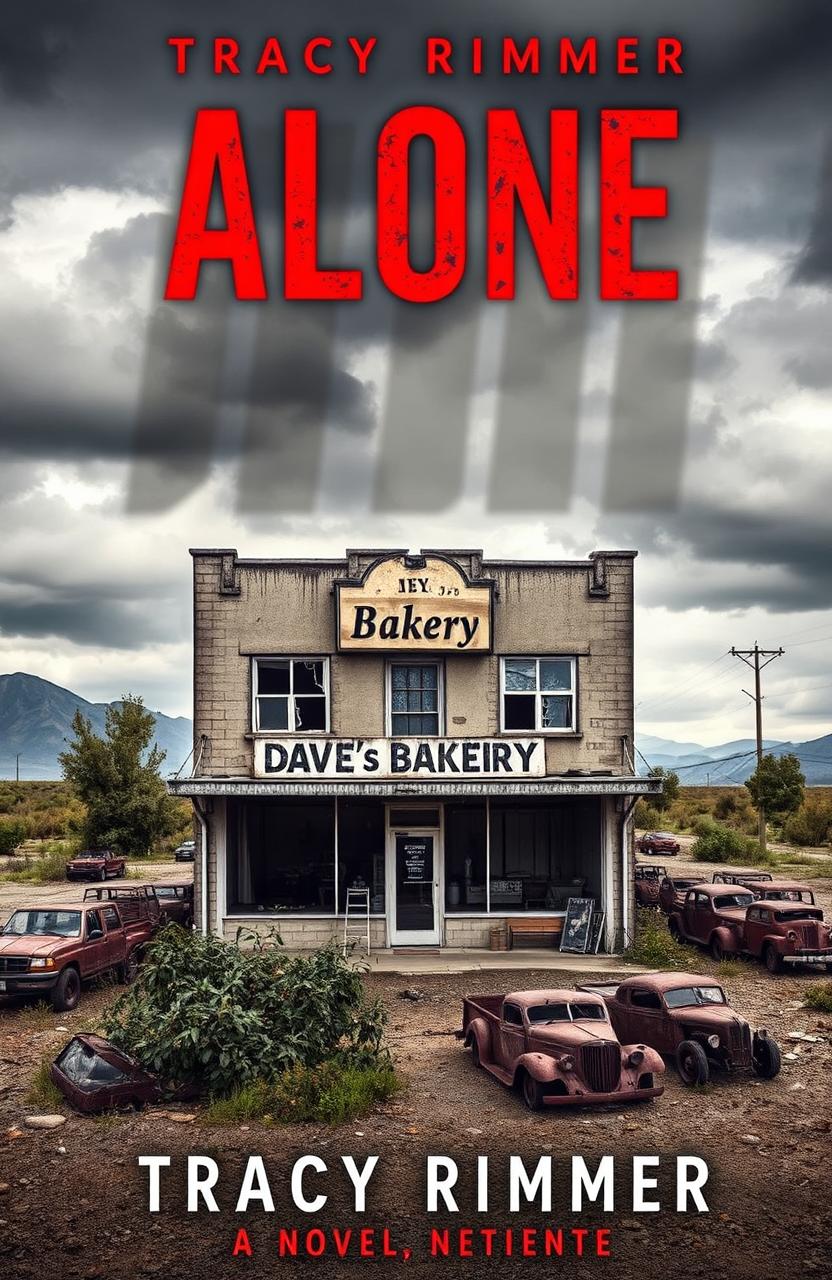 A striking book cover for a novel titled 'Alone' by Tracy Rimmer, featuring a two-storey retail building named 'Dave's Bakery' prominently displayed