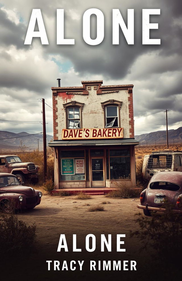 A striking book cover for a novel titled 'Alone' by Tracy Rimmer, featuring a two-storey retail building named 'Dave's Bakery' prominently displayed