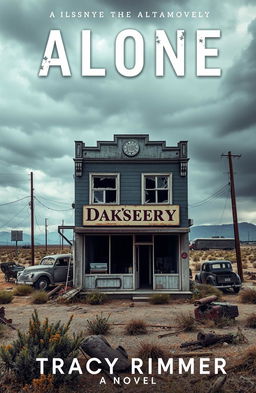 A striking book cover for a novel titled 'Alone' by Tracy Rimmer, featuring a two-storey retail building named 'Dave's Bakery' prominently displayed