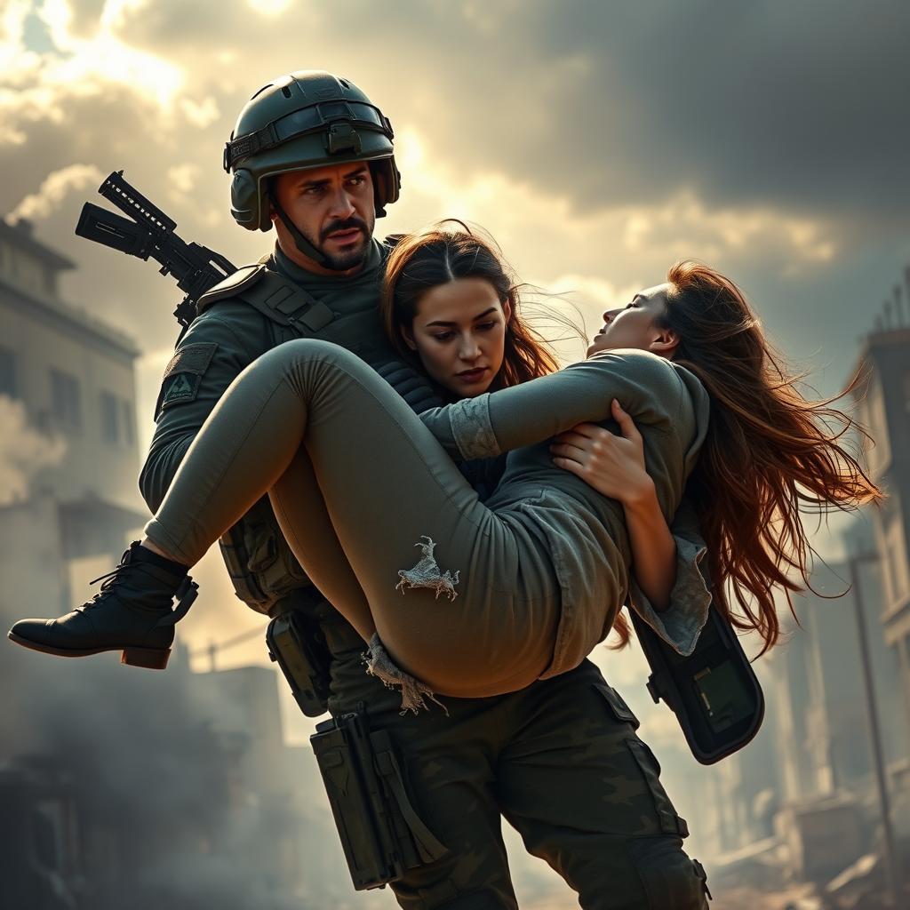 A heroic scene depicting a special forces soldier in tactical gear, with a determined expression, rescuing two women from a perilous situation