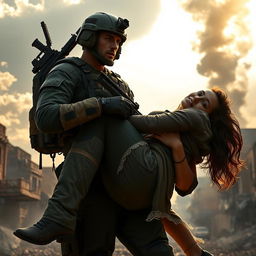 A heroic scene depicting a special forces soldier in tactical gear, with a determined expression, rescuing two women from a perilous situation