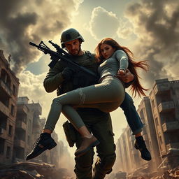 A heroic scene depicting a special forces soldier in tactical gear, with a determined expression, rescuing two women from a perilous situation