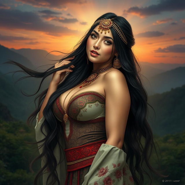 An enchanting portrayal of Wewe Gombel, depicted as a captivating Central Asian woman with large breasts and an alluring presence