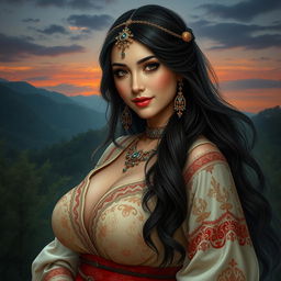 An enchanting portrayal of Wewe Gombel, depicted as a captivating Central Asian woman with large breasts and an alluring presence