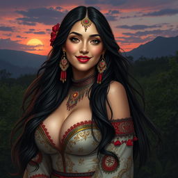 An enchanting portrayal of Wewe Gombel, depicted as a captivating Central Asian woman with large breasts and an alluring presence