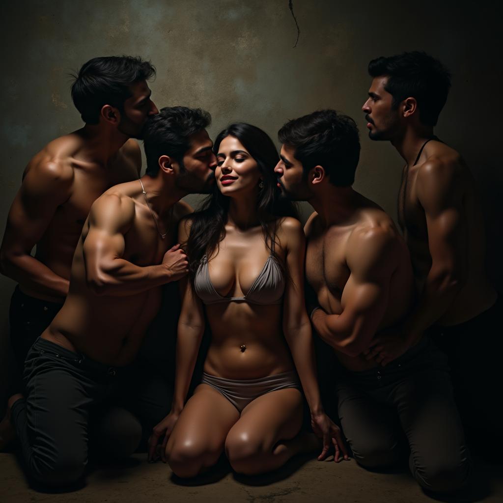 A sensual scene set in a dimly lit slum, featuring a beautiful Pakistani woman sitting on the floor leaning against a textured wall