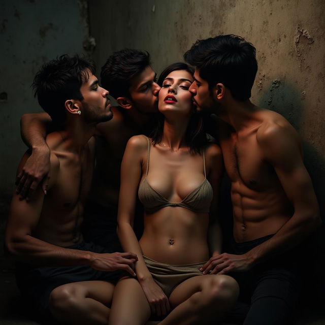 A sensual scene set in a dimly lit slum, featuring a beautiful Pakistani woman sitting on the floor leaning against a textured wall