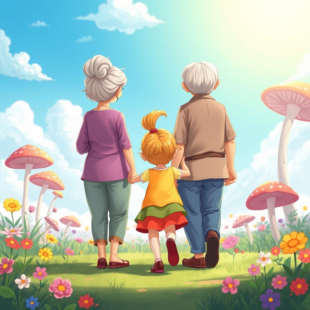 A whimsical and colorful animated scene featuring a grandmother and grandfather joyfully holding a little girl's hands, all depicted from behind