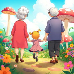 A whimsical and colorful animated scene featuring a grandmother and grandfather joyfully holding a little girl's hands, all depicted from behind